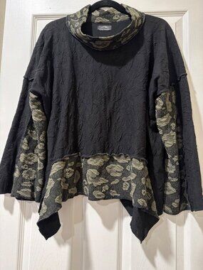 Axel Hardy Black Textured Cowl Neck Tunic With Floral Accents & Asymmetrical Hem